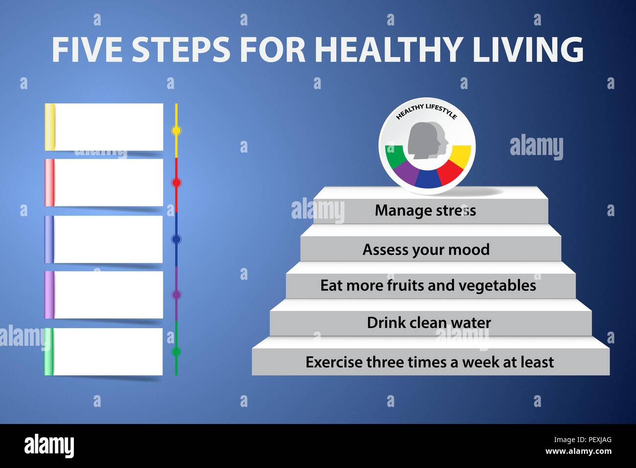 Stairs are showing the five steps for healthy living. Empty paper labels are ready for your text. Stock Vector