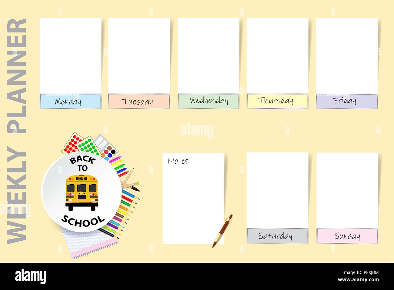 Back to school weekly planner vector. Weekly planner with a school bus ...