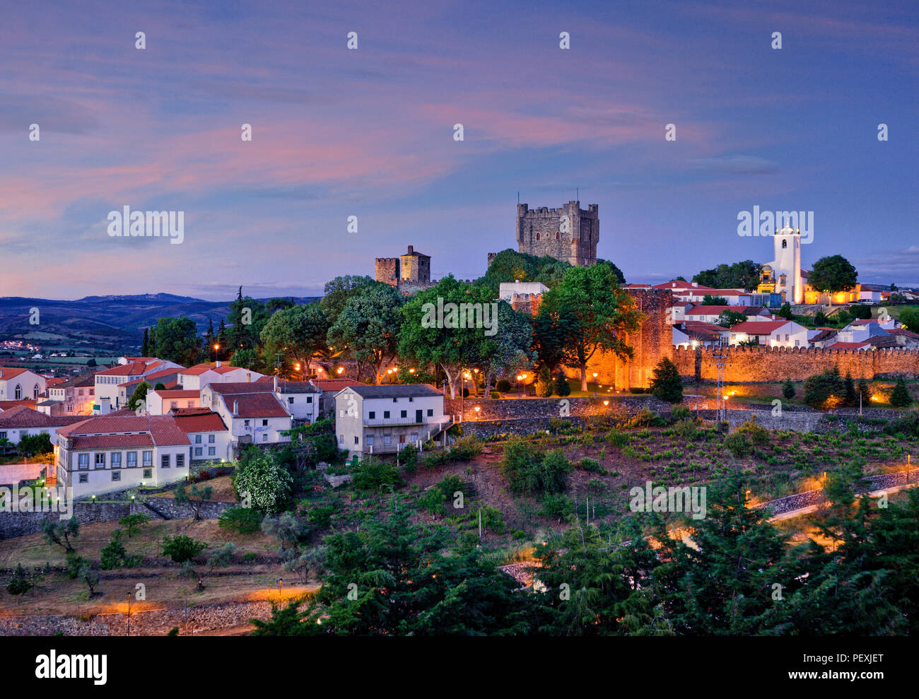 North Portugal, the Trás-os-Montes district, Braganca castle and old town at dusk Stock Photo