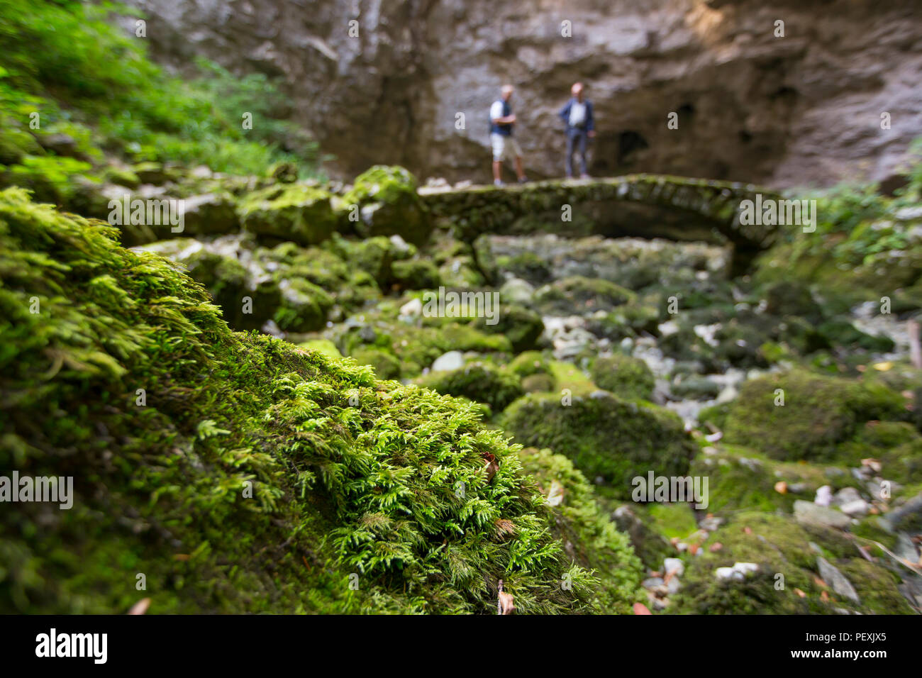 Two explorers on a stone bridge at the bottom of a sinkhole of lake Cerknica in the Notranjska region, of Karst Slovenia. Stock Photo