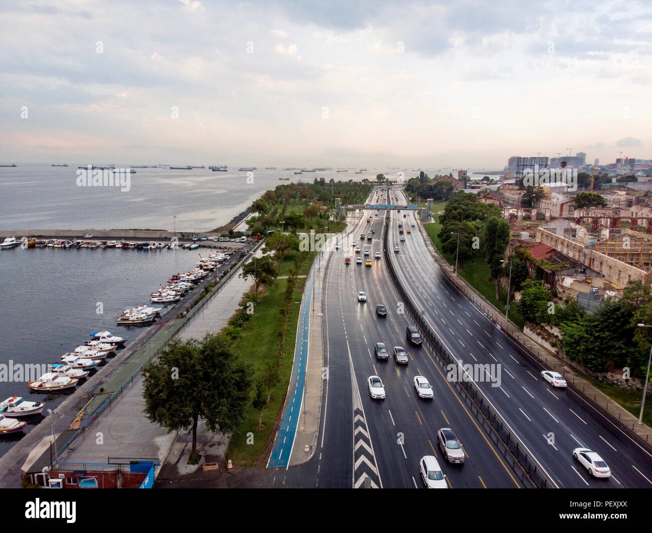 Aerial Drone View of Istanbul Seaside Yenikapi Samatya in Turkey. Cityscape. Stock Photo