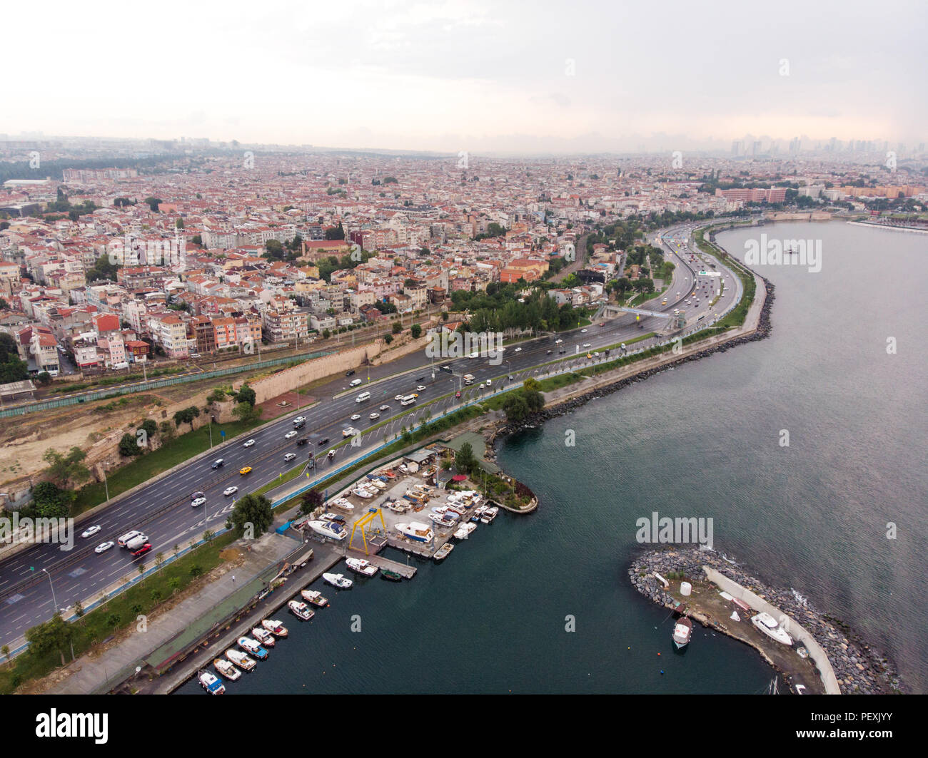 Aerial Drone View of Istanbul Seaside Yenikapi Samatya in Turkey. Cityscape. Stock Photo