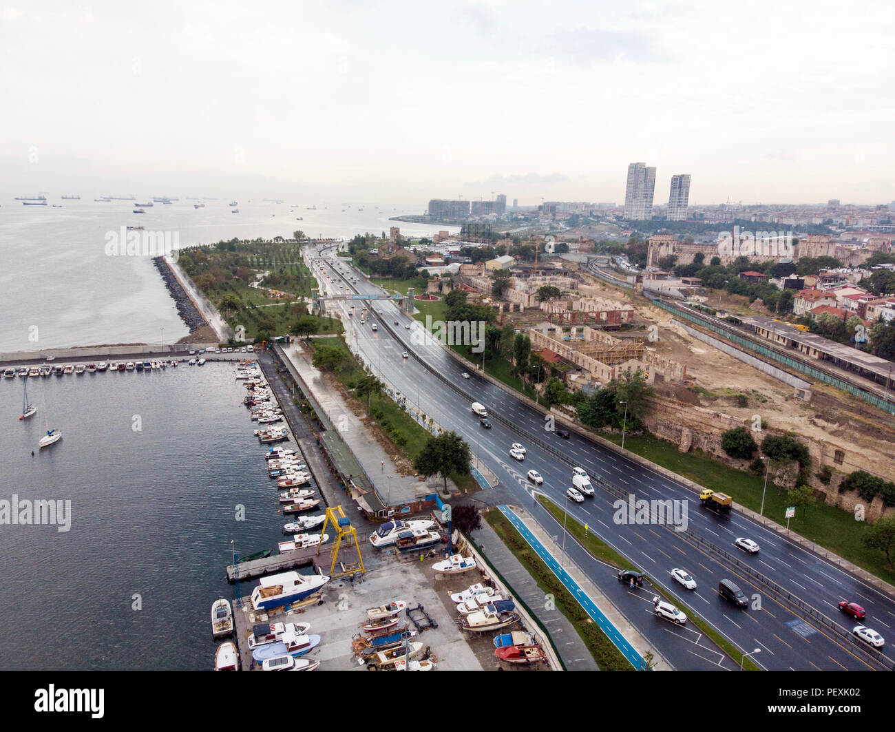 Aerial Drone View of Istanbul Seaside Yenikapi Samatya in Turkey. Cityscape. Stock Photo