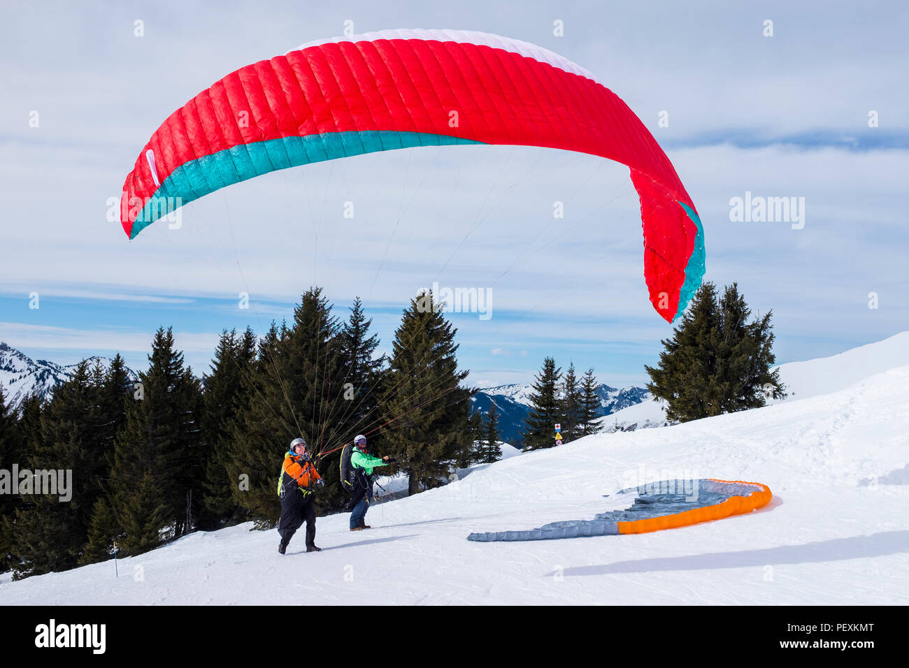 Two speedriders on slope, Morzine, Portes du Soleil, Haute-Savoie, France Stock Photo