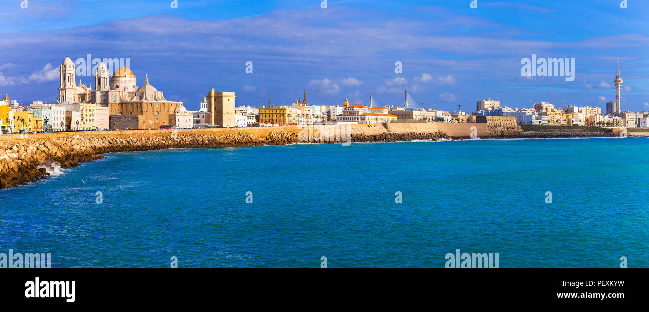 Beautiful Cadiz town,view with sea,cathedral and houses,Spain. Stock Photo
