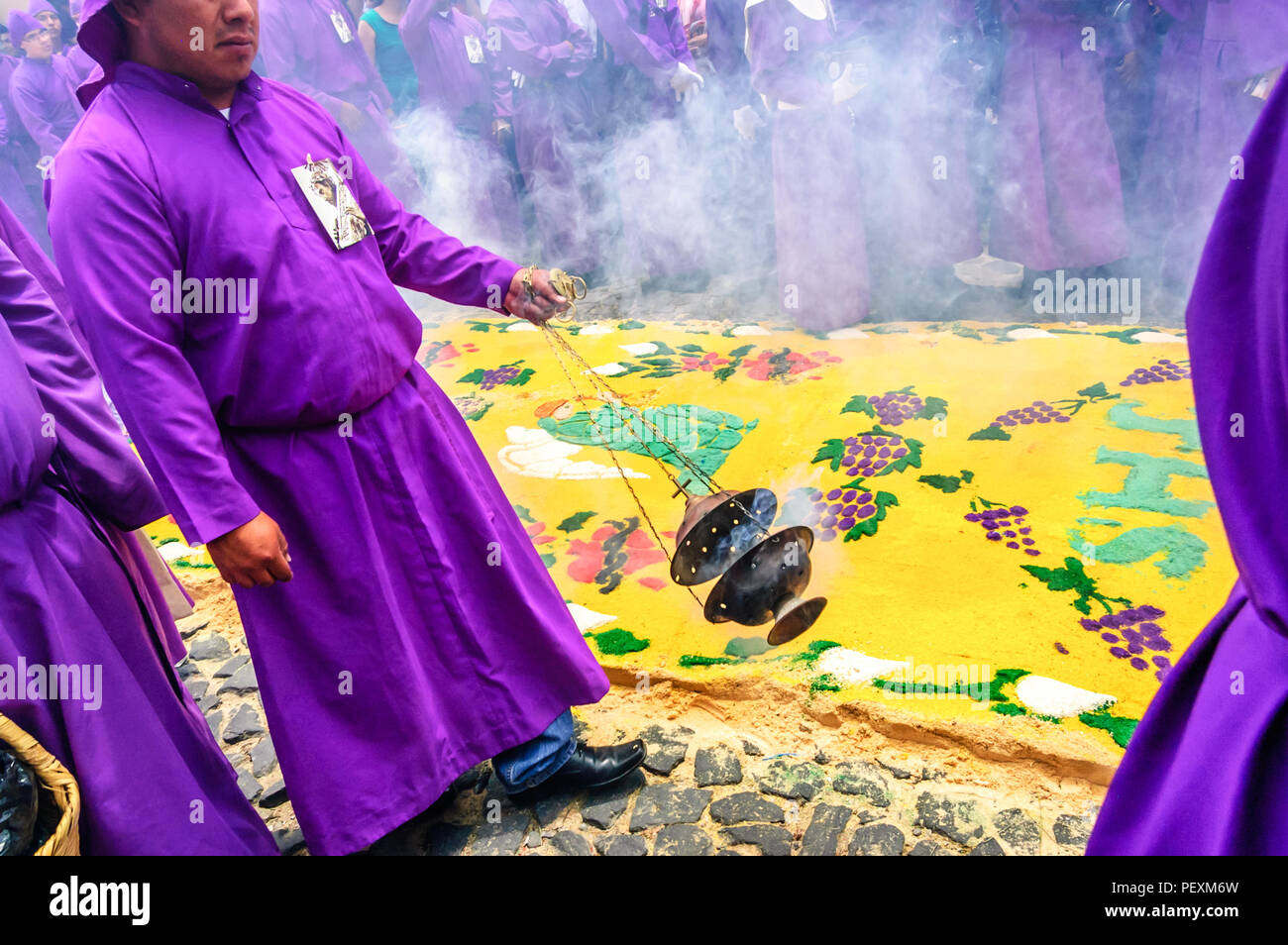 Antigua, Guatemala - March 15, 2015: Lent procession in UNESCO World Heritage Site with most famous Holy Week celebrations in Latin America. Stock Photo
