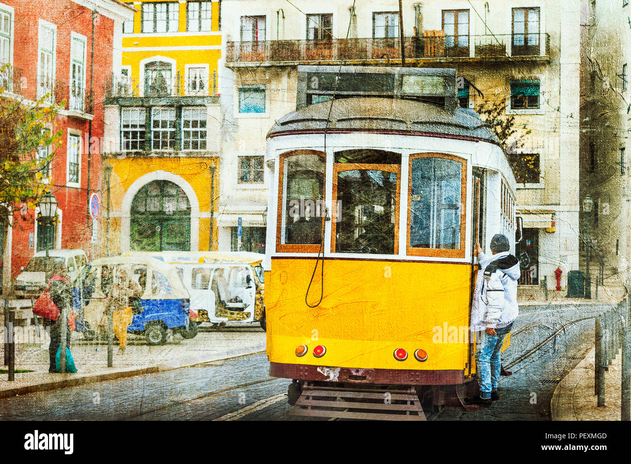 Traditional yellow tramway in Lisbon,artwork in retro style. Stock Photo