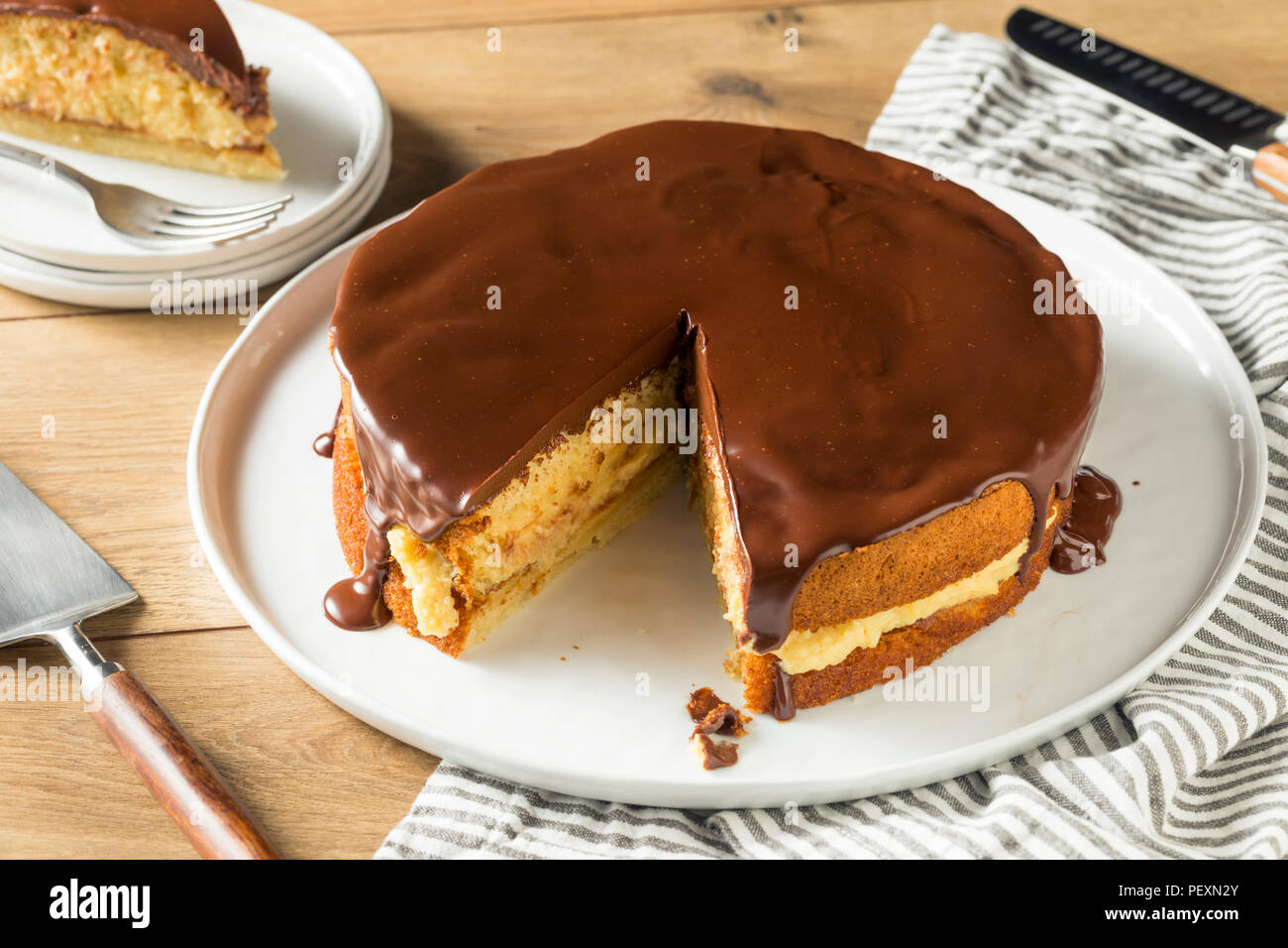 Homemade Chocolate Boston Cream Pie Ready to Eat Stock Photo Alamy