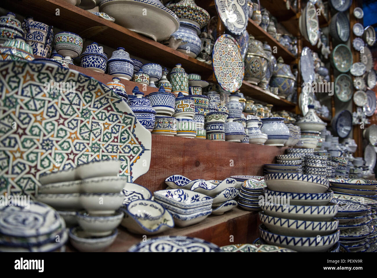 Ceramics for sale in souks of Marrakesh, Morocco Stock Photo