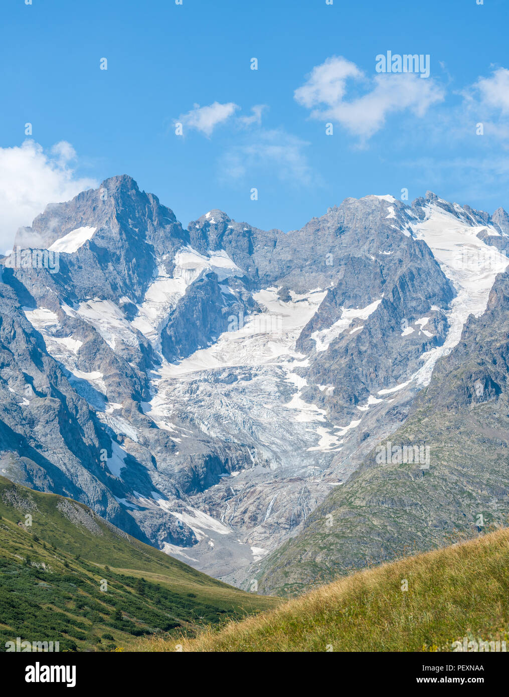 The mountain La Meije in the french alps, as seen from the col du Lautaret on a sunny summer day, Hautes Alpes, France. Stock Photo