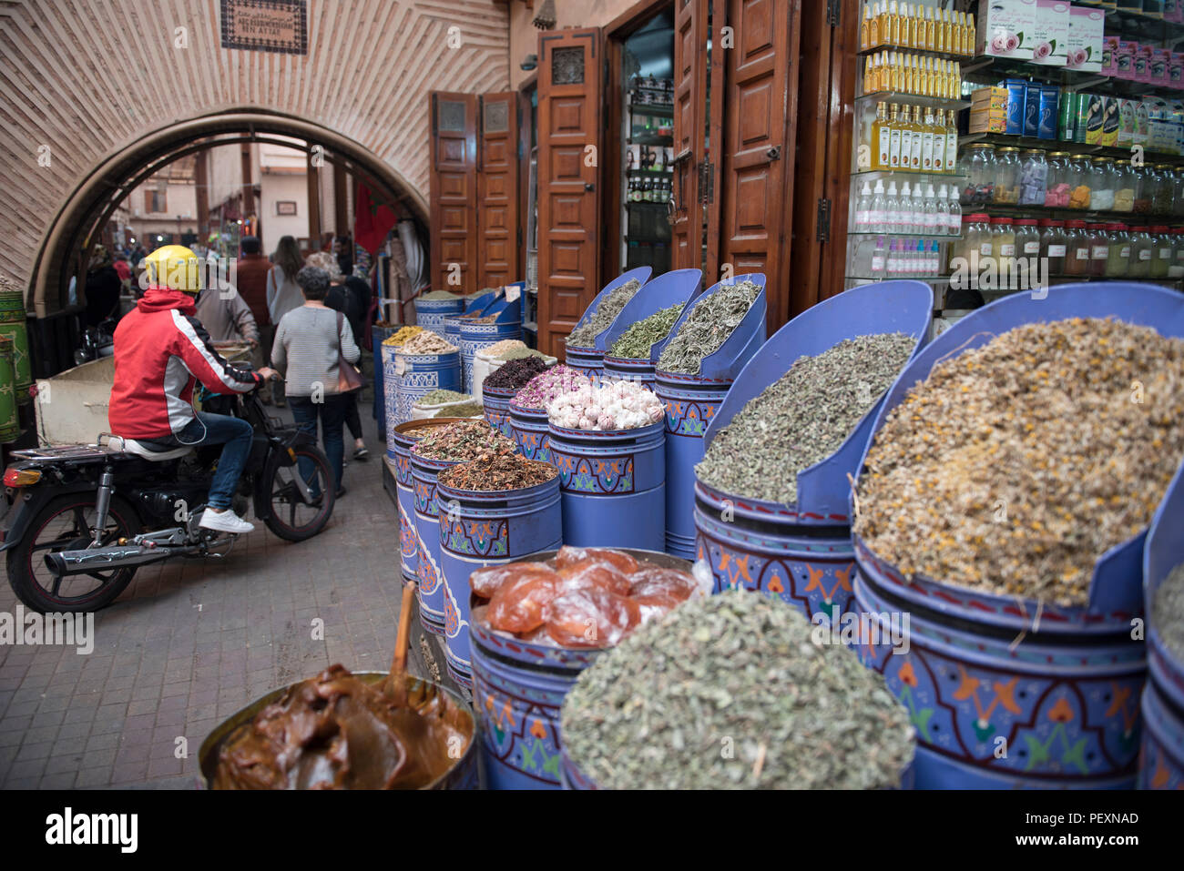 Spices for sale in souks of medina of old city of Marrakesh, Morocco Stock Photo