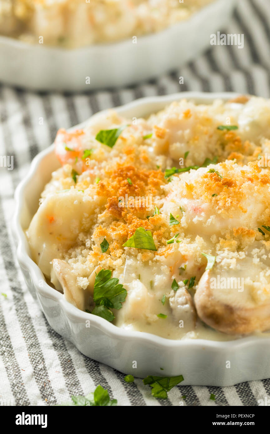 Baked Coquilles St Jacques Scallops and Shirmp Appetizer Stock Photo
