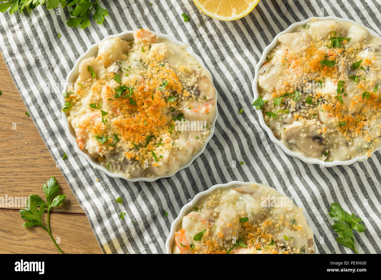 Baked Coquilles St Jacques Scallops and Shirmp Appetizer Stock Photo