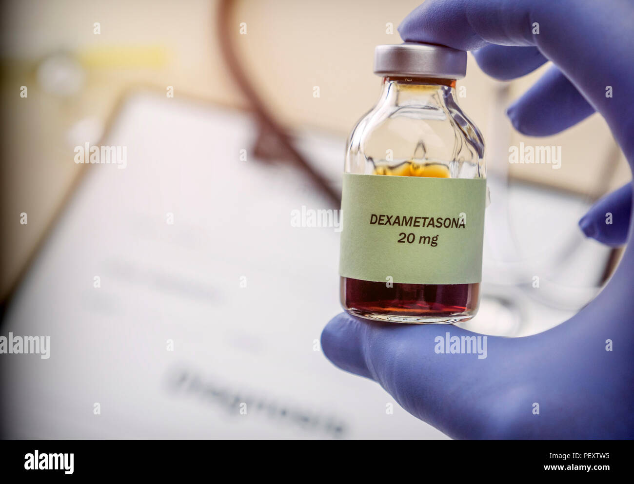 Doctor hold vial of dexametasona in a hospital. Conceptual image Stock Photo