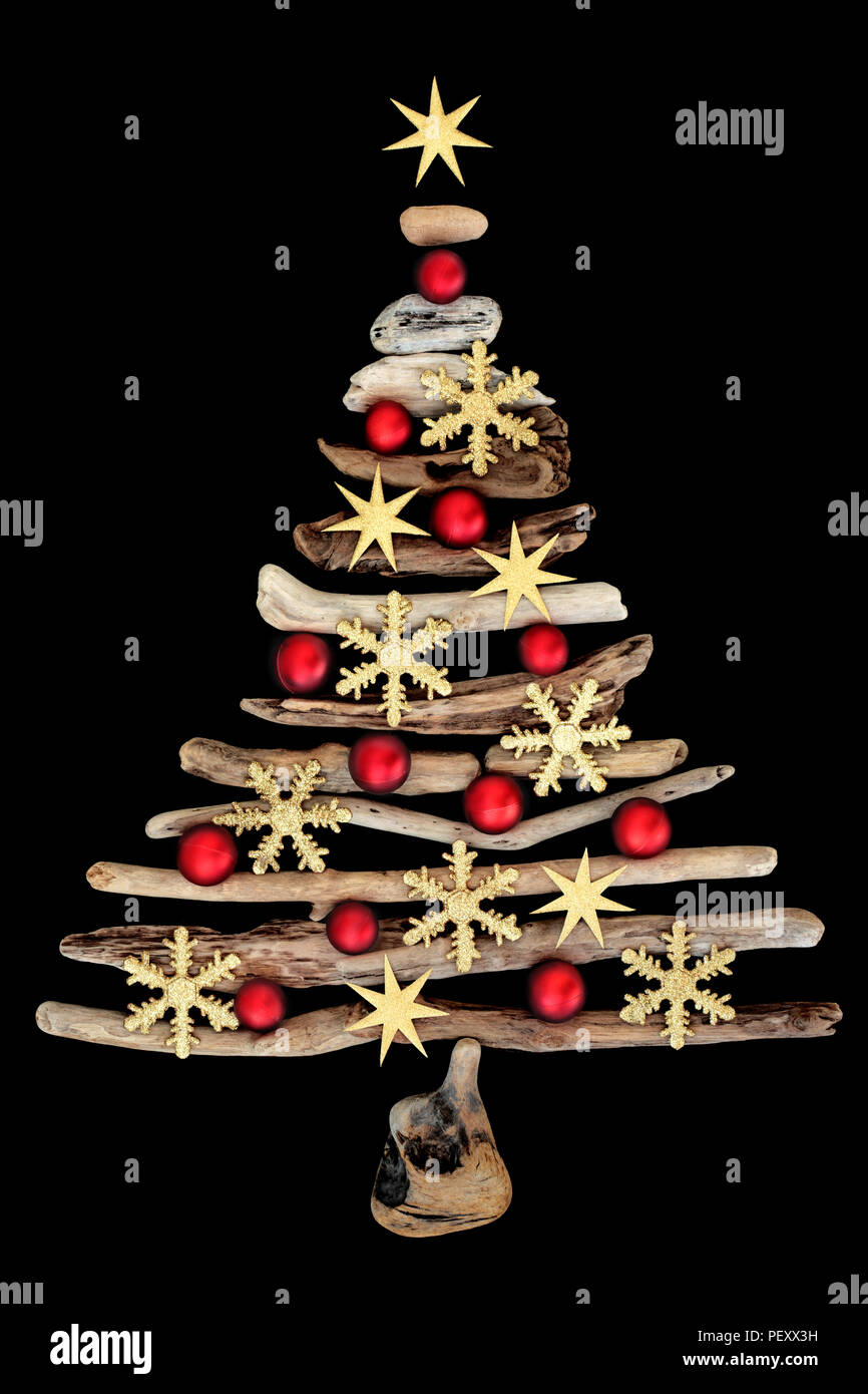 Gold Snowflake And Star Abstract Driftwood Christmas Tree With Red