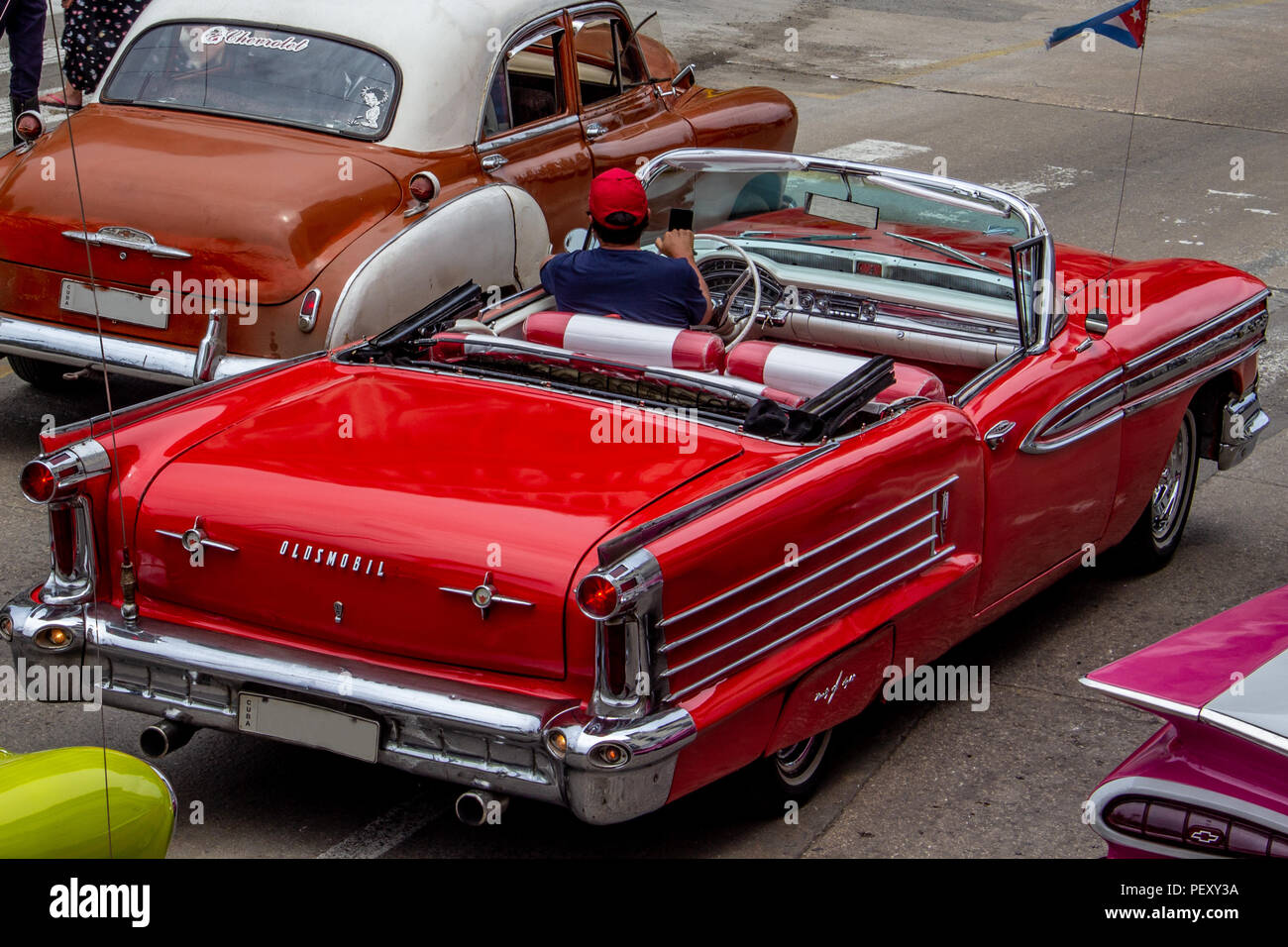 Red vintage car in Havana from above, open topped car Stock Photo