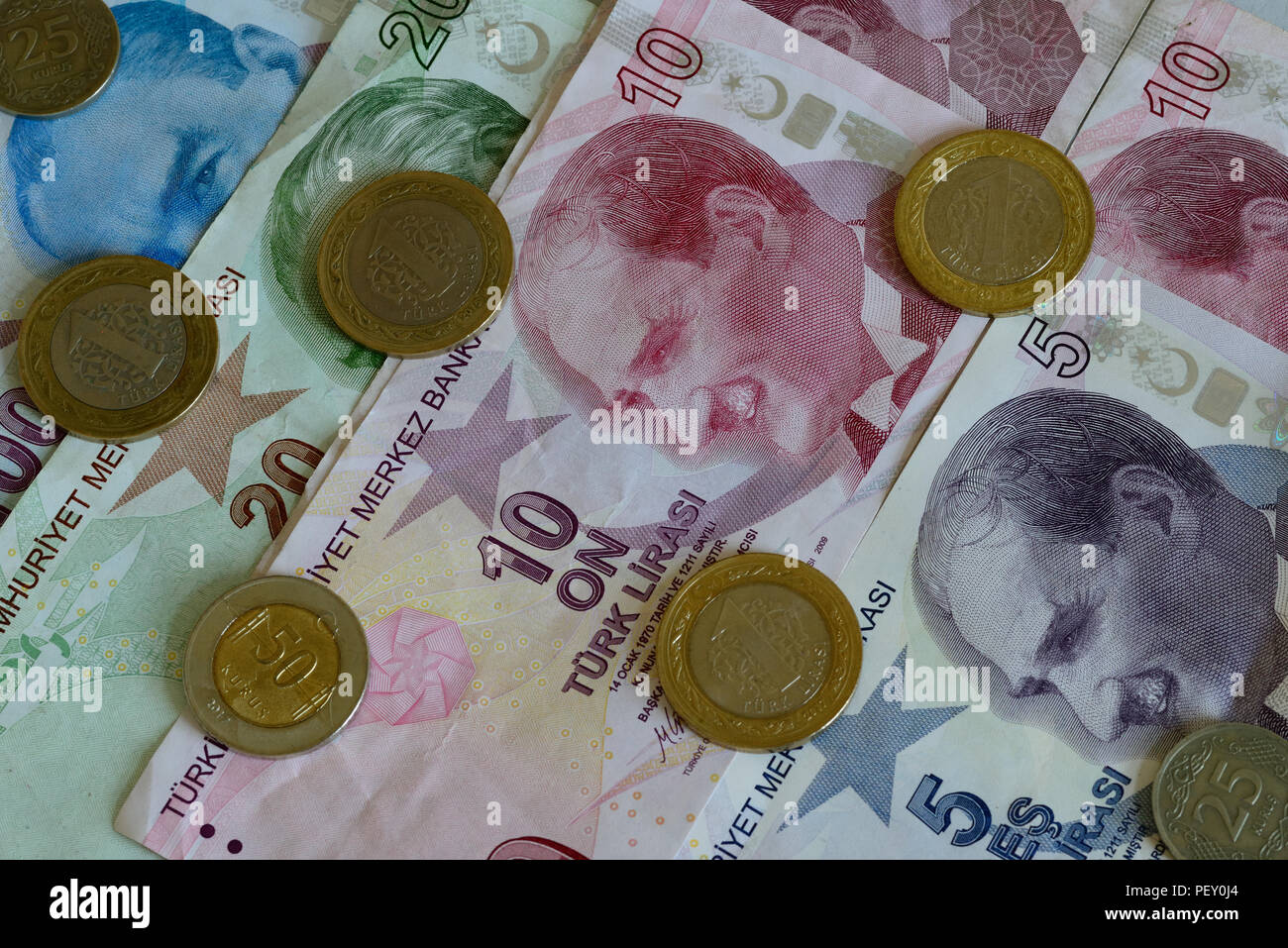 Turkish Lira bills and coins. The Turkish Lira is the national currency