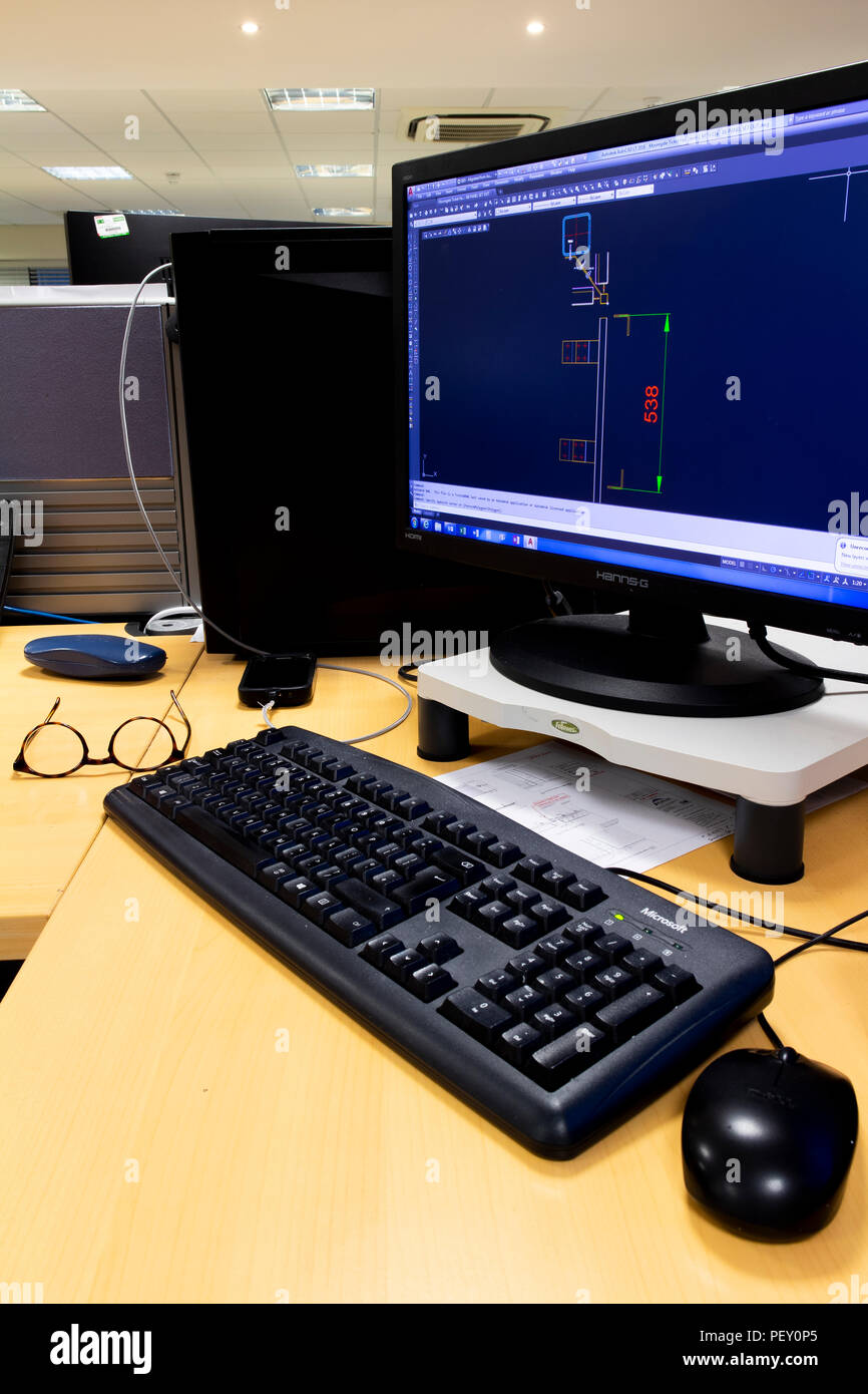business desk office interior with mouse and keyboard to computer