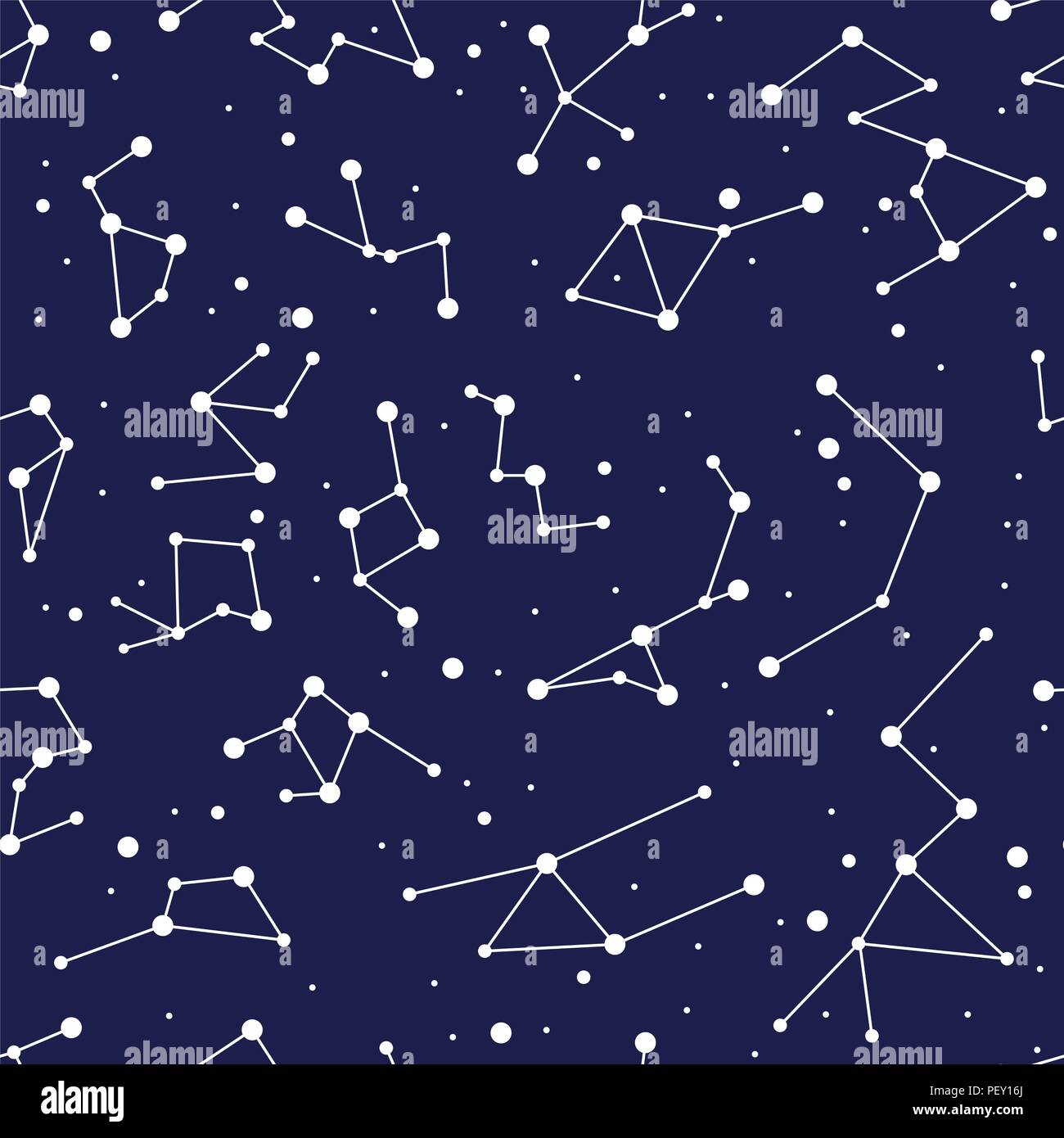 vector constellation seamless background pattern. zodiac map with stars in blue space. astronomy abstract illustration with astrological symbols. nigh Stock Vector