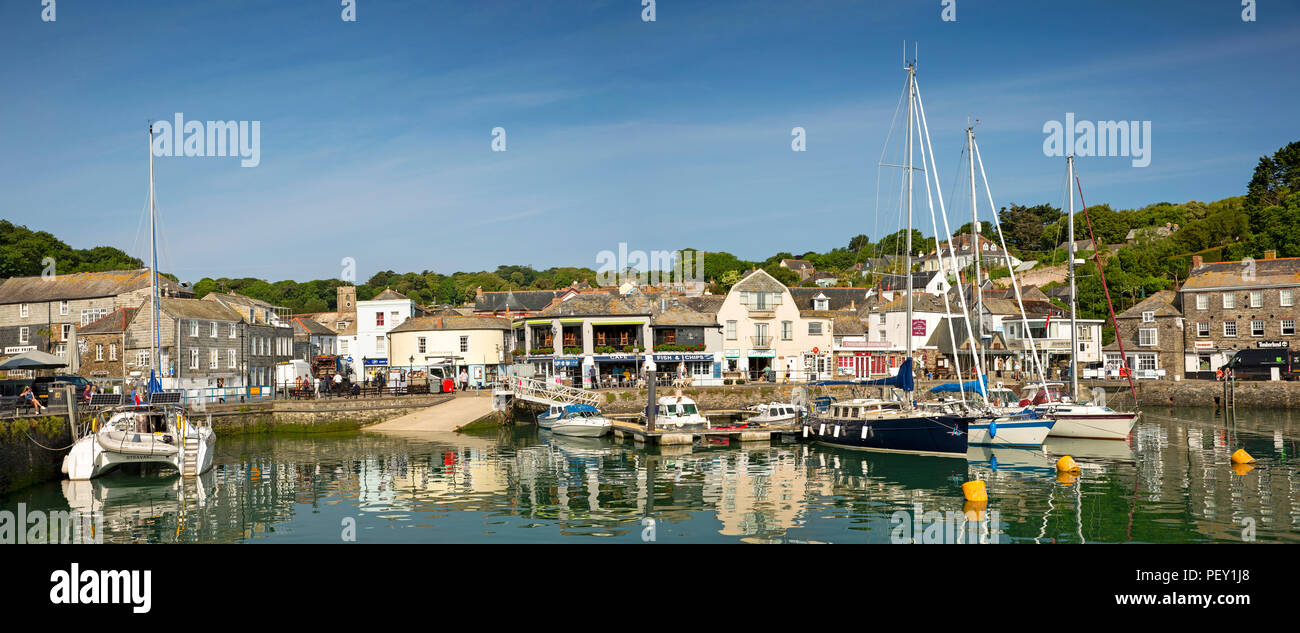 UK, Cornwall, Padstow, The Strand and hillside houses from the inner harbour, panoramic Stock Photo