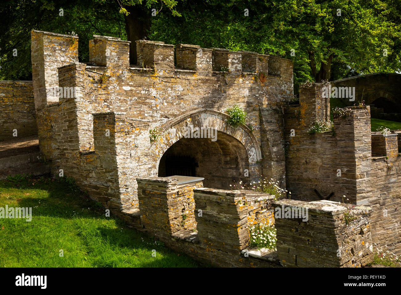 UK, Cornwall, Padstow, Prideaux Place, stone gateway into Bridge Garden Stock Photo
