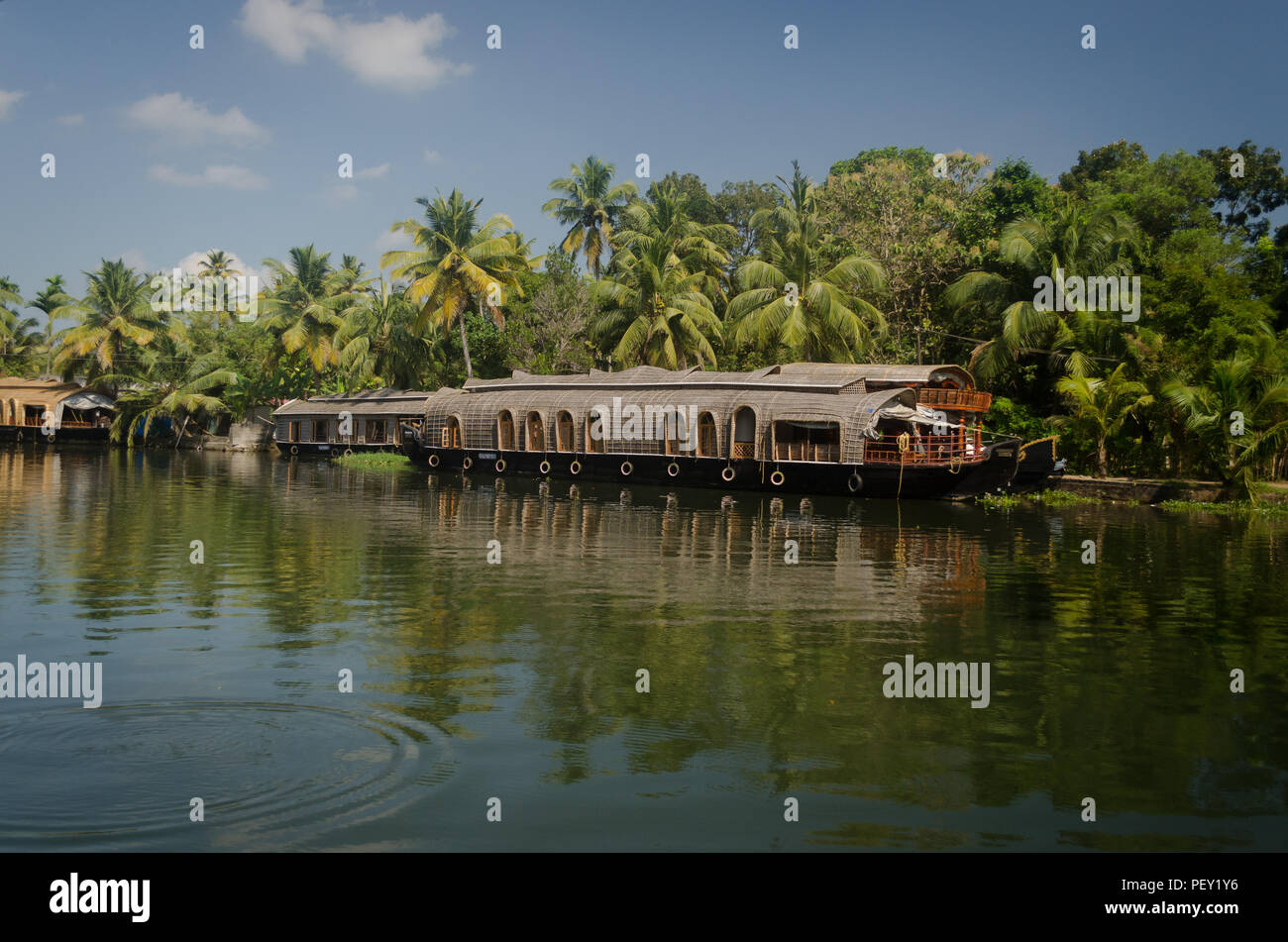 Boat House floating and parked in the Backwaters of Kerala, India Stock Photo