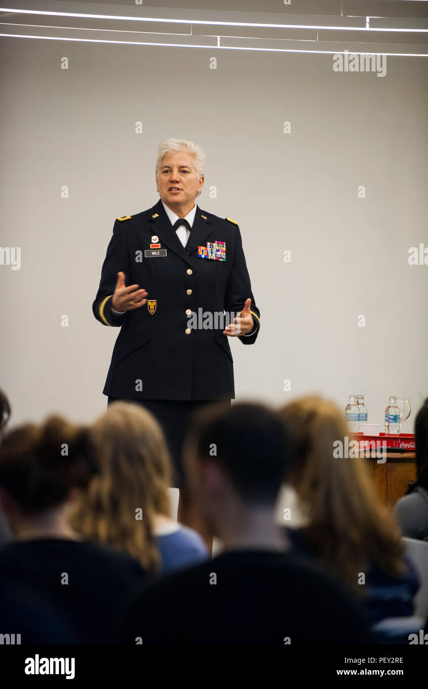 U.S. Army Brig. Gen. Giselle Wilz, NATO Headquarters Sarajevo commander, speaks with students from THINK Global School during a lecture in Sarajevo, Bosnia and Herzegovina, Feb. 16, 2016. Wilz spoke about NATO's mission in BiH and answered questions about NATO and current events. (U.S. Air Force photo by Staff Sgt. Clayton Lenhardt/Released) Stock Photo