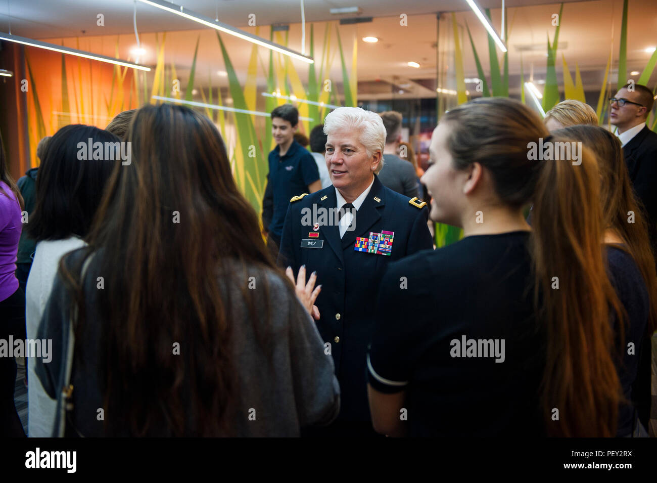 U.S. Army Brig. Gen. Giselle Wilz, NATO Headquarters Sarajevo commander, speaks with students from THINK Global School after a lecture in Sarajevo, Bosnia and Herzegovina, Feb. 16, 2016. Wilz spoke about NATO's mission in BiH and answered questions about NATO and current events. (U.S. Air Force photo by Staff Sgt. Clayton Lenhardt/Released) Stock Photo