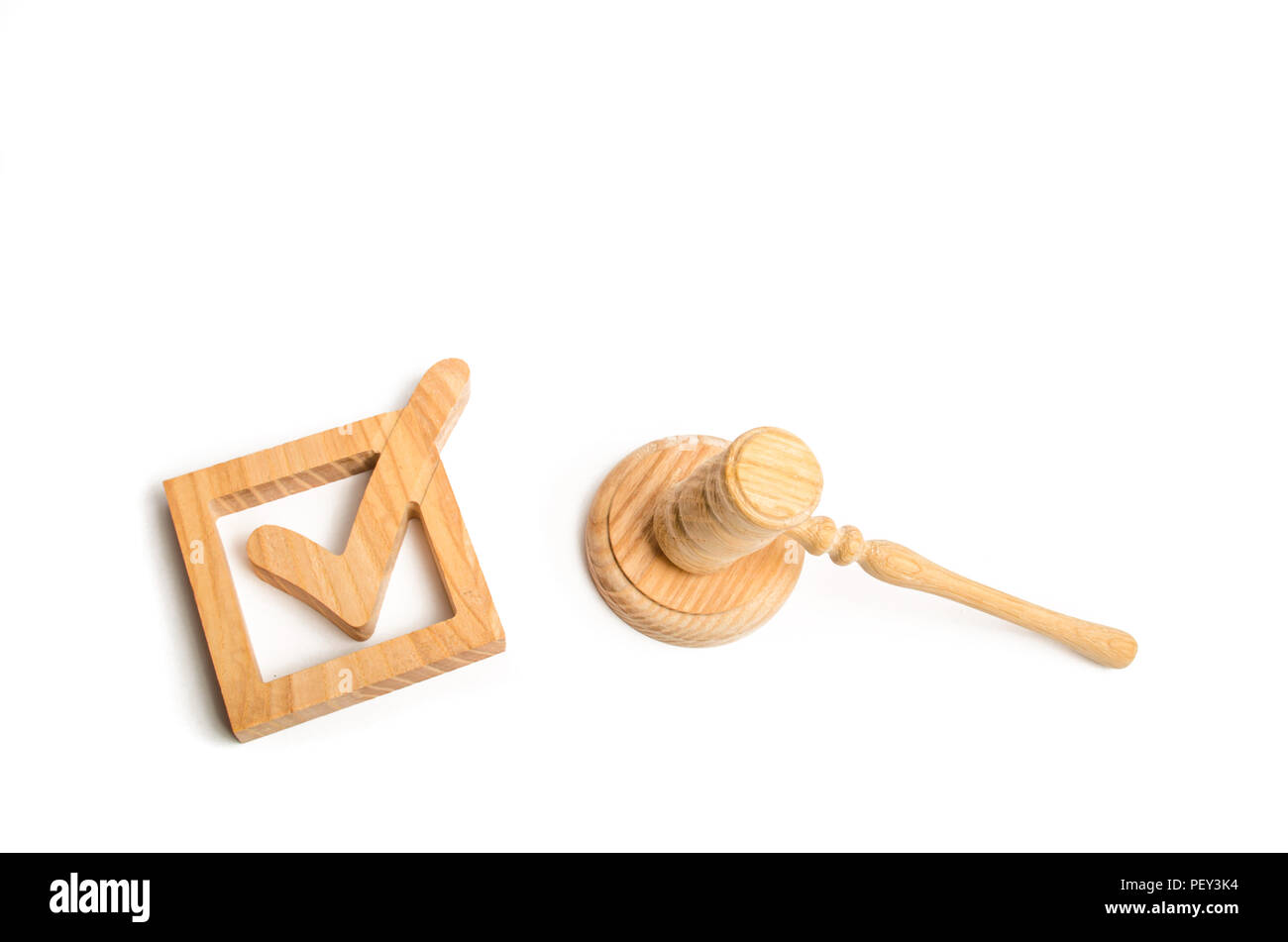 Checkbox and hammer of the judge. Check mark. The concept of a judicial decision. Referendum and electoral process. Resolution, approval of the bill.  Stock Photo