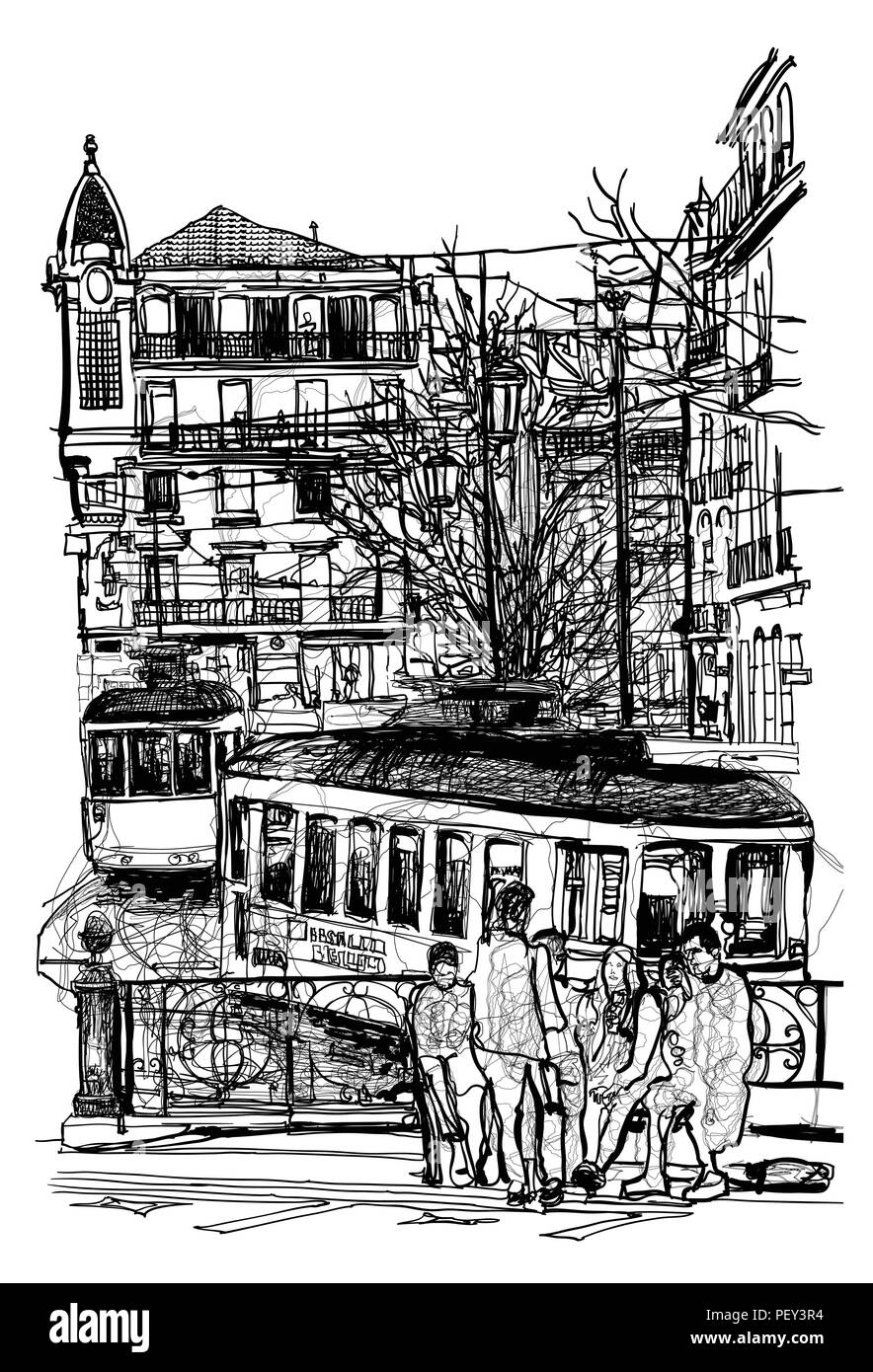 Typical tramway in Lisbon  - Vector illustration Stock Vector