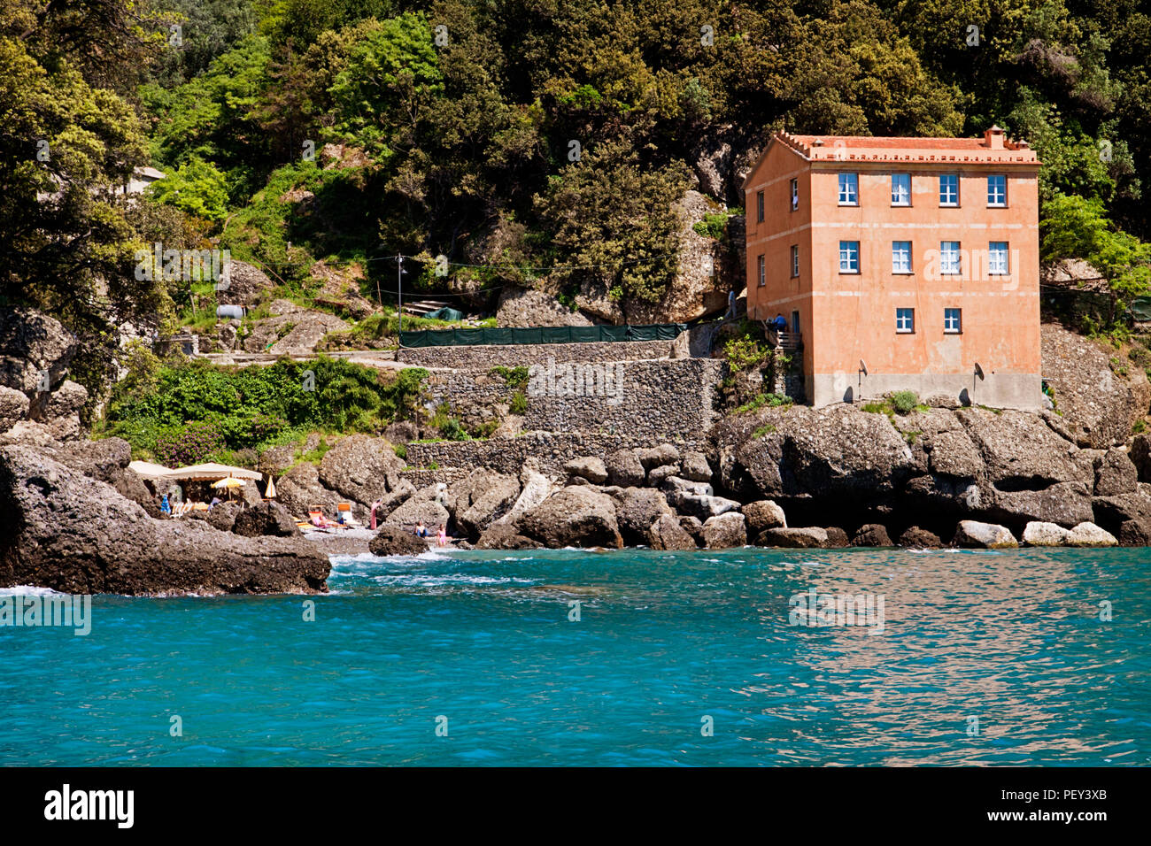 Liguria, Italy - the blue waters of San Fruttuoso bay near Genoa on the Tigullio gulf coast, a little piece of paradise Stock Photo