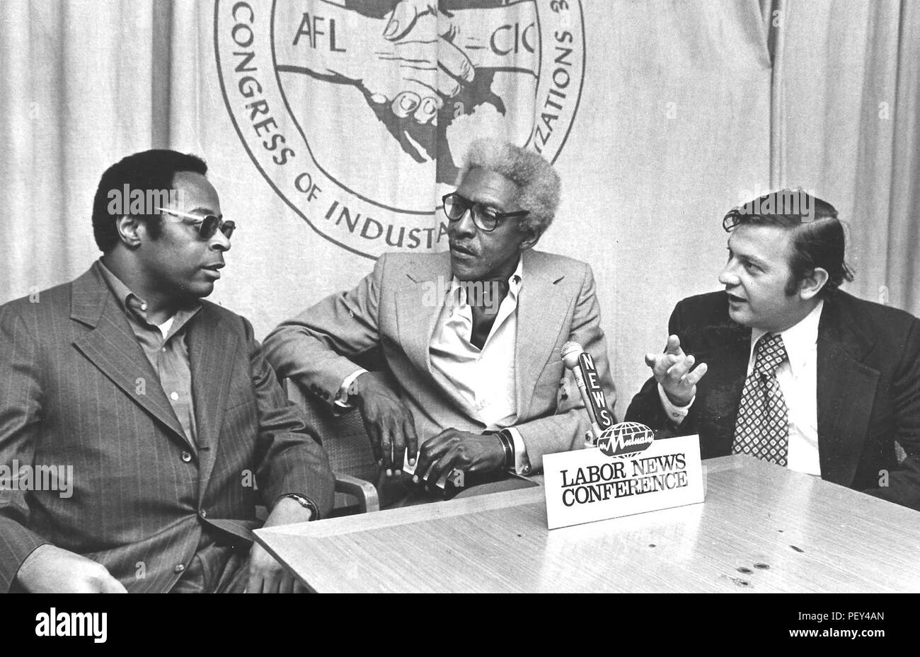 Paul Delaney, left, and Washington Star colleague Ron Sarro, far right, interview the late gay civil rights activist Baynard Rustin, center, in 1968 at The American Federation of Labor and Congress of Industrial Organizations headquarters in Washington, D.C., to discuss the Poor People’s Campaign in the wake of the assassination of Dr. Martin Luther King, Jr. “Anyone interested in journalism must be bold, daring, and ready to take the challenge,” Delaney said. “The military taught me early not to have fear, that it is part of some men and women’s DNA.” (Photo courtesy of Paul Delaney) Stock Photo