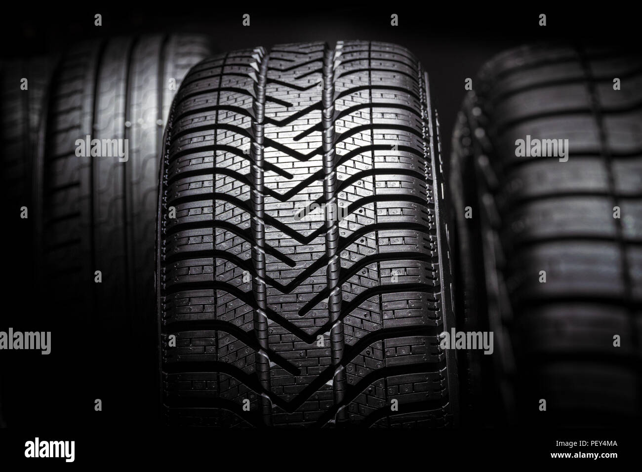 Row of car tires close up Stock Photo