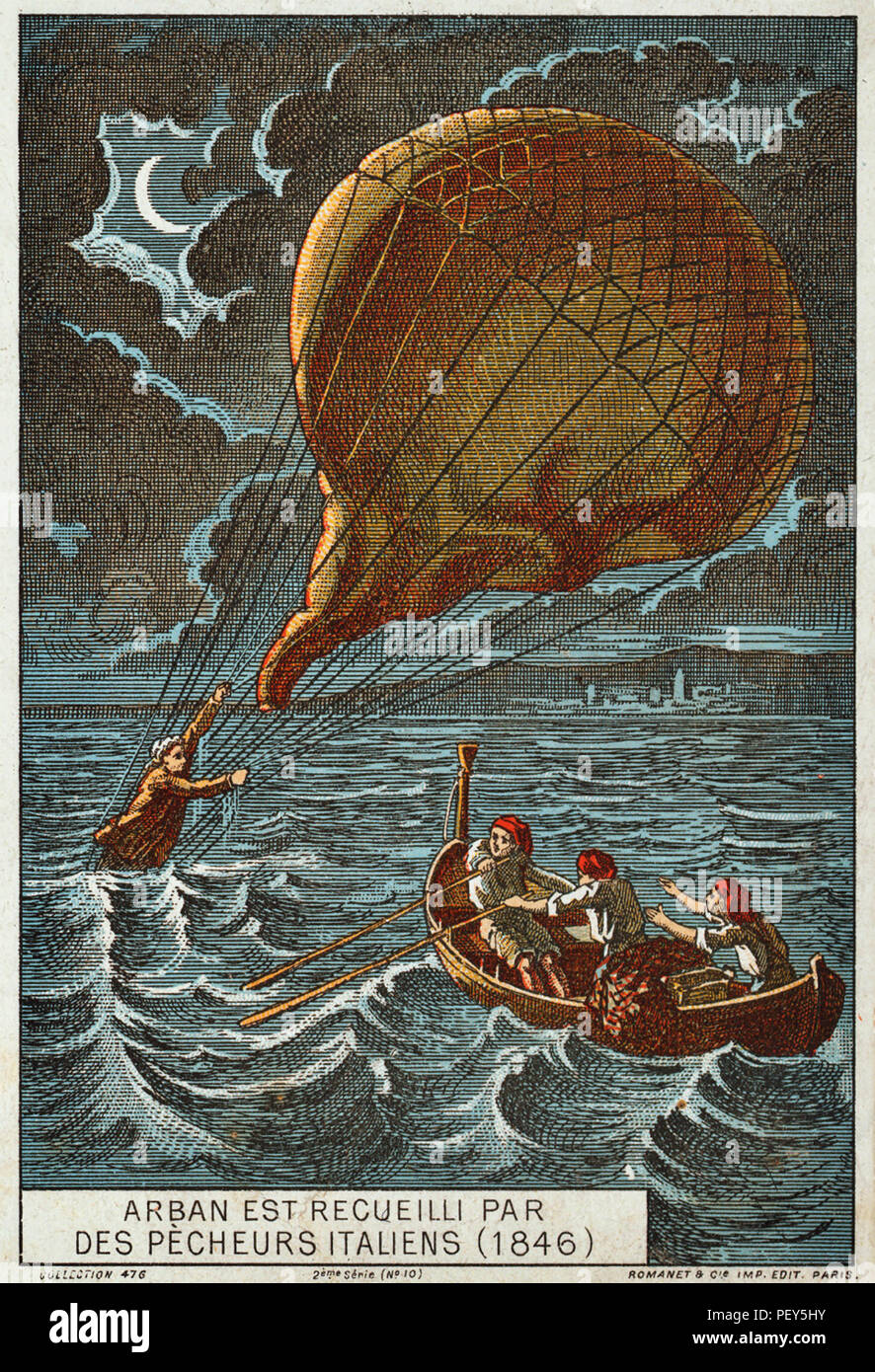 FRANCISQUE ARBAN (1815-1849 ?) French balloonist. A late 19th century French collecting card showing his rescue by Italian fishermen in 1846. Stock Photo