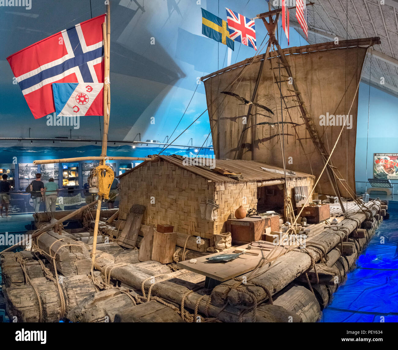 The Kon-Tiki balsa raft on which Norwegian explorer Thor Heyerdahl crossed the Pacific Ocean in 1947, Kon Tiki Museum, Bygdøy, Oslo, Norway Stock Photo