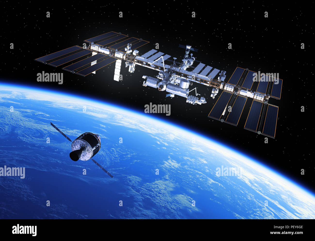 Crew Exploration Vehicle Is Preparing To Dock With International Space Station. 3D Illustration. Stock Photo