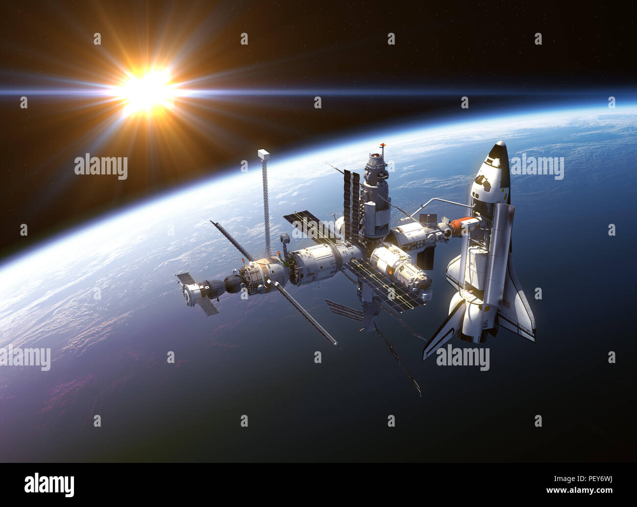 Space Shuttle And Space Station In The Rays Of Sun. 3D Illustration. Stock Photo