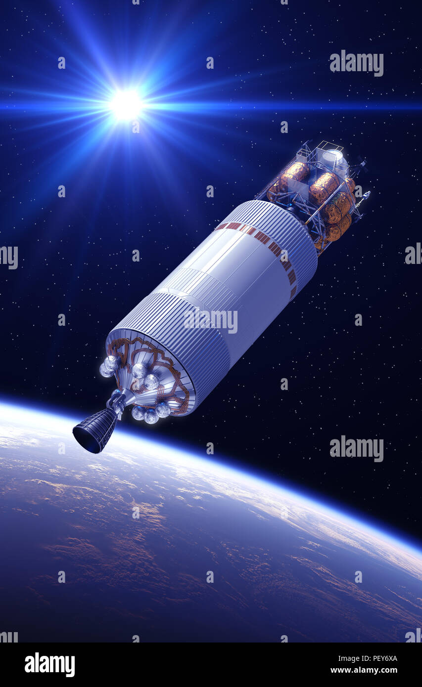 Crew Exploration Vehicle In The Rays Of Light. 3D Illustration. Stock Photo