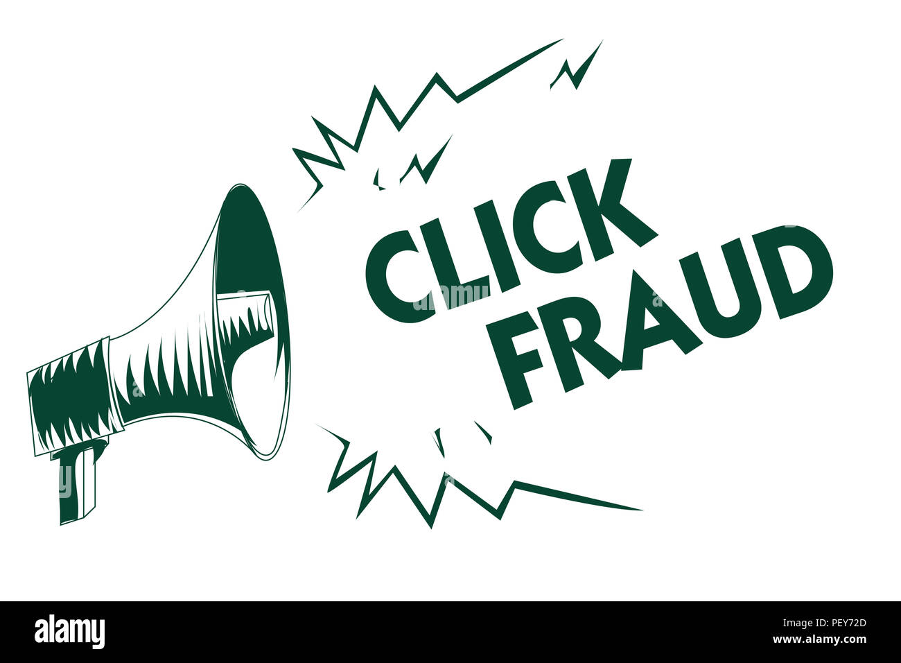 Writing note showing Click Fraud. Business photo showcasing practice of repeatedly clicking on advertisement hosted website Black megaphone loudspeake Stock Photo