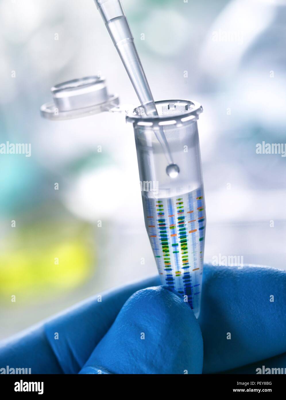 Composite image of DNA (deoxyribonucleic acid) test results on an Eppendorf tube containing a DNA sample. Stock Photo