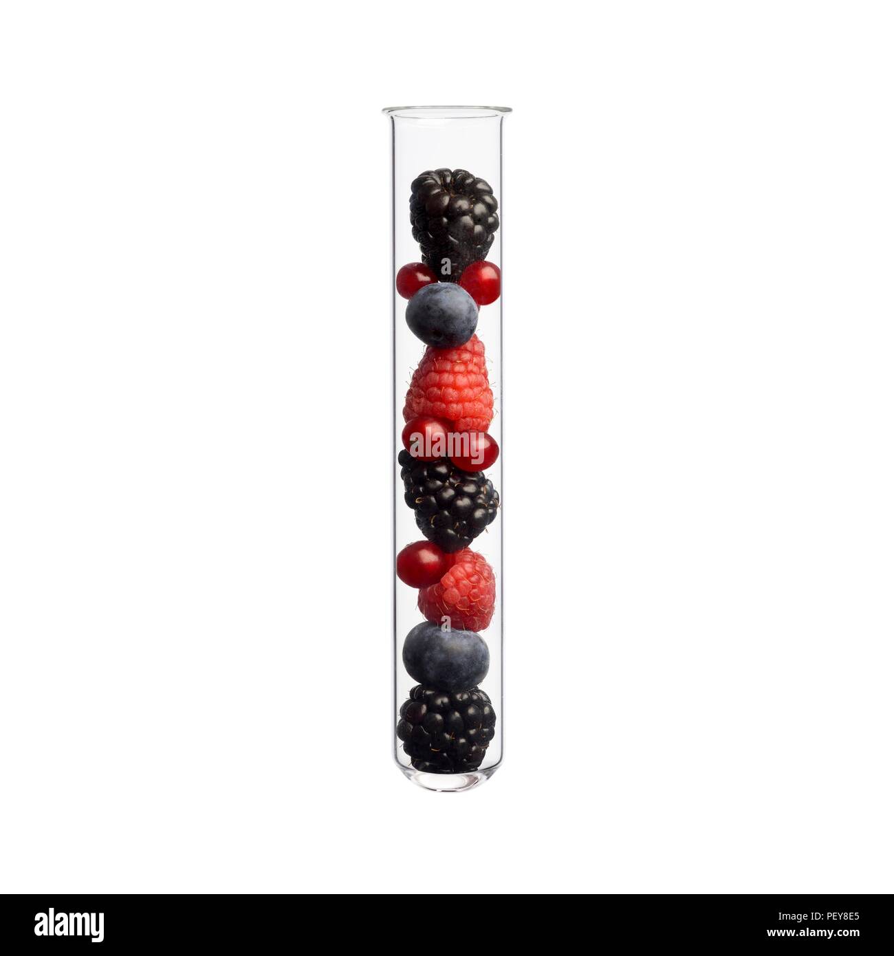 Mixed berries in test tube, studio shot. Stock Photo