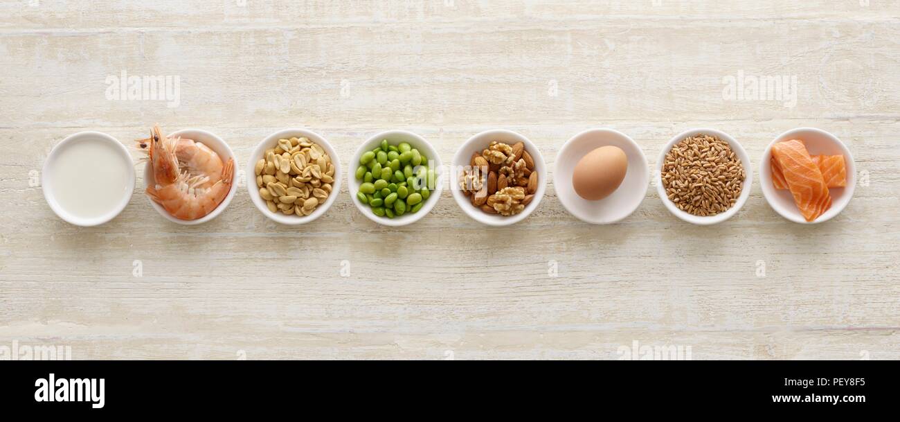 Allergenic foods in bowls, still life. Stock Photo