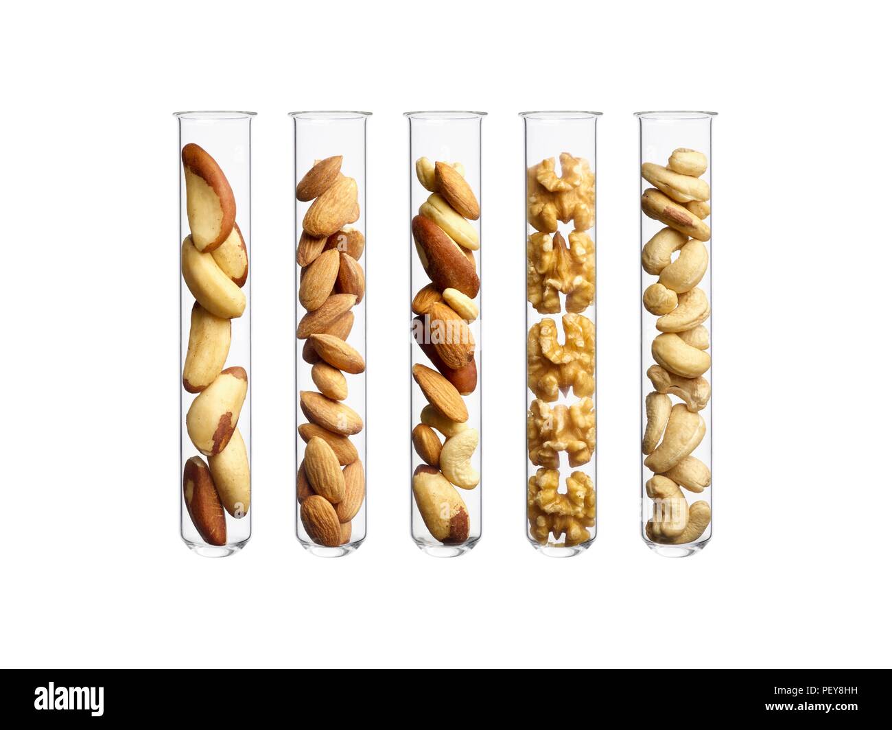 Nuts in test tubes, studio shot. Stock Photo