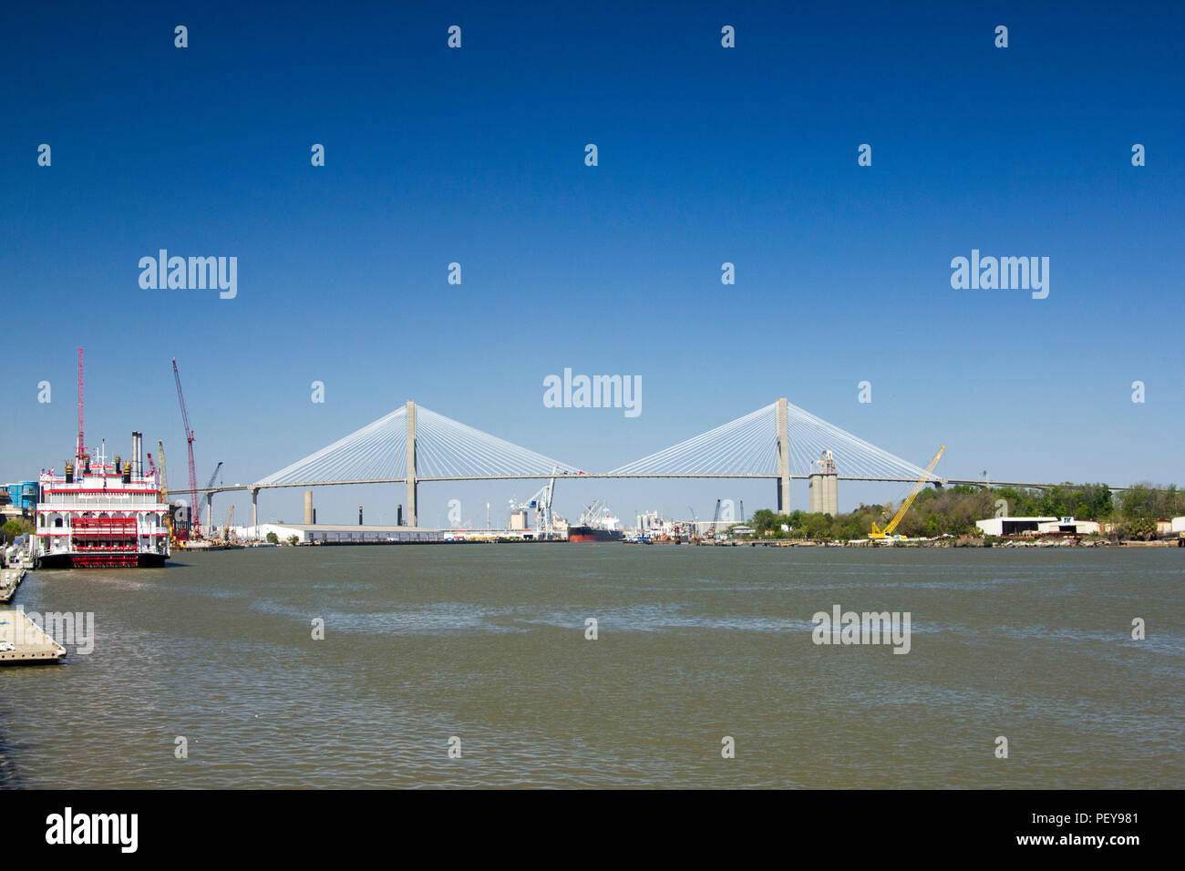 Talmadge Memorial Bridge spanning the Savannah River between downtown Savannah, and