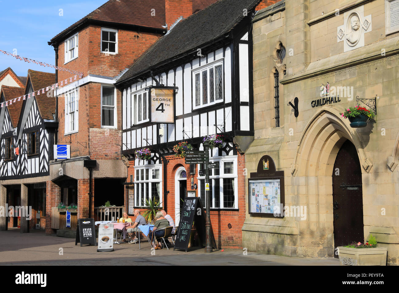The Guildhall and George 4th pub on Bore Street in the historic city of Lichfield, in Staffordshire, UK Stock Photo