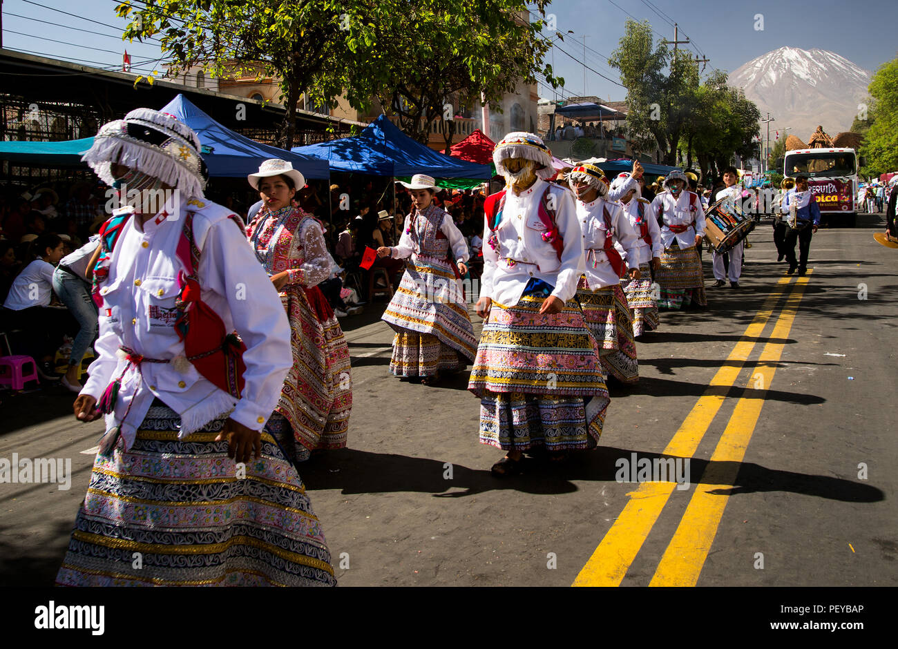 478th anniversary of Arequipa dancers from Chivay dancing the wititi dance celebrating the founding of Arequipa on Avenue Independancia Arequipa Stock Photo