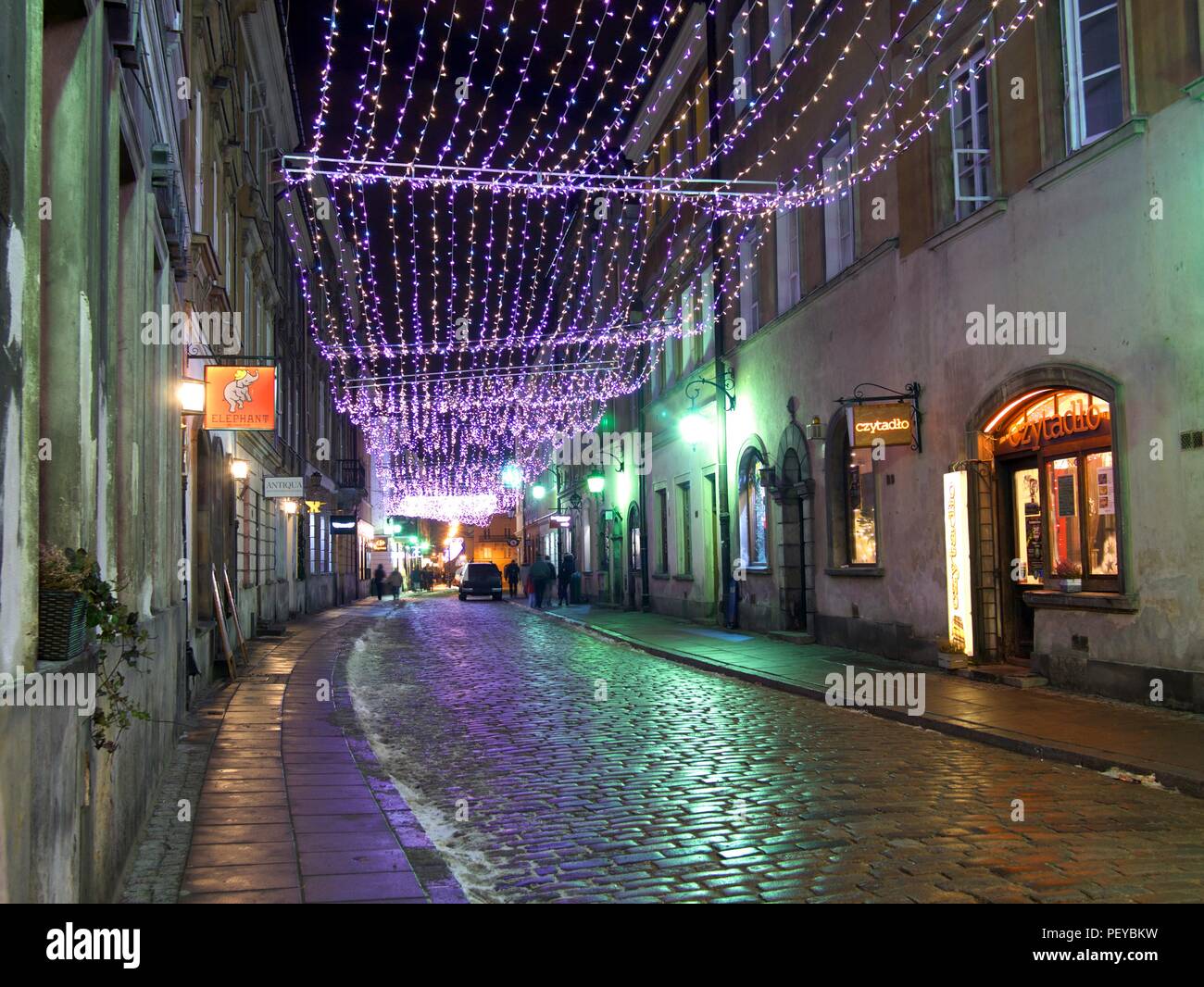 Old Town Christmas Lights Decorations at Night, Warsaw, Poland Stock