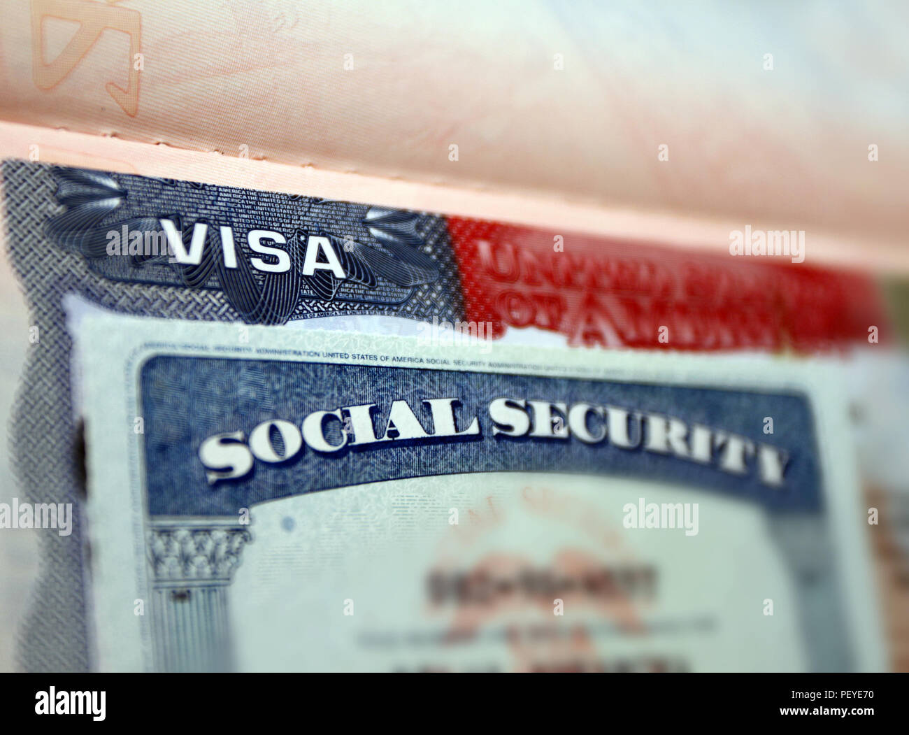 The American visa in a blurred passport page background and social security  number personal document. SSN – social security number for live in USA - s  Stock Photo - Alamy
