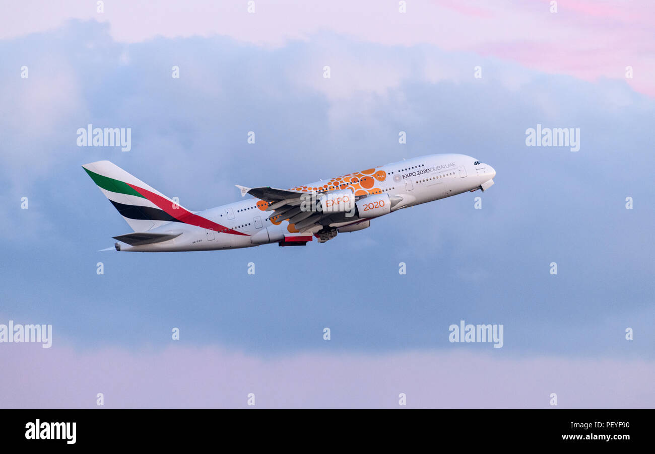 Emirates Airline Airbus A380 at sunset Stock Photo Alamy