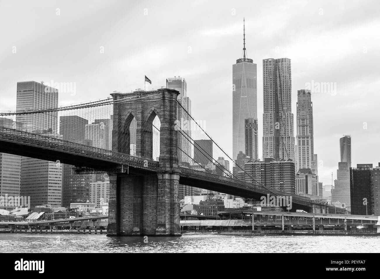 Brooklyn Bridge and Manhattan skyline in black and white, New York, USA. Stock Photo